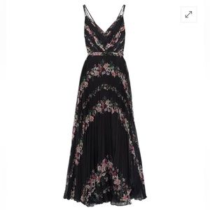 MARCHESA NOTTE Belted pleated floral-print chiffon gown